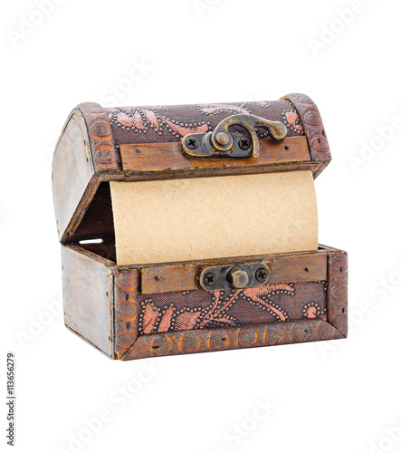 open wooden chest with blank paper.