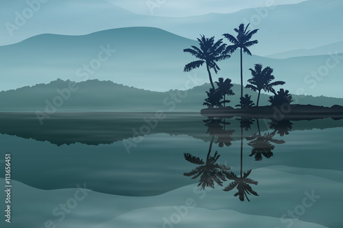 Background with sea and palm trees at night.