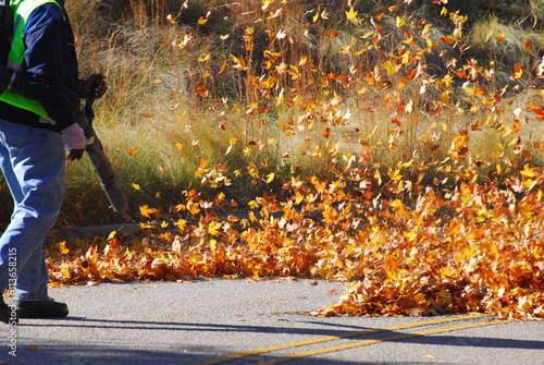 outdoor manual worker clean the fallen leaves on the road by blower in autumn photo