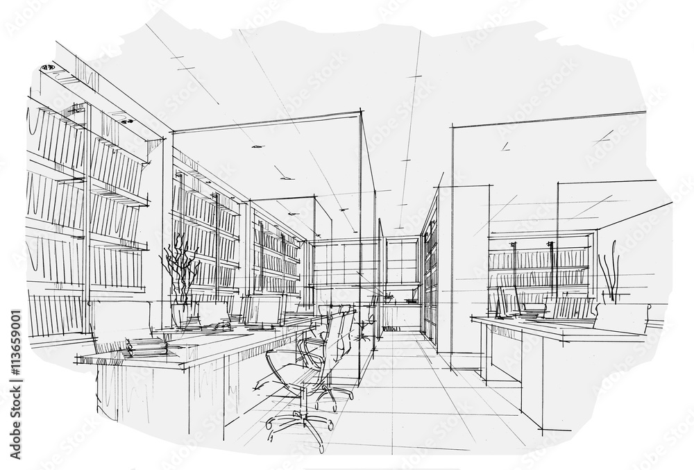sketch stripes office, black and white interior design.