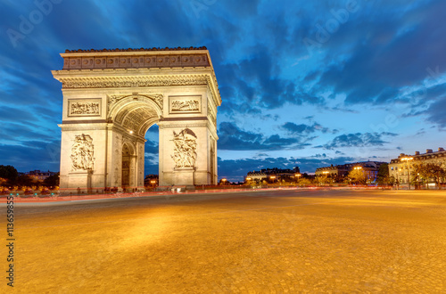 The famous Arc de Triomphe in Paris at dawn