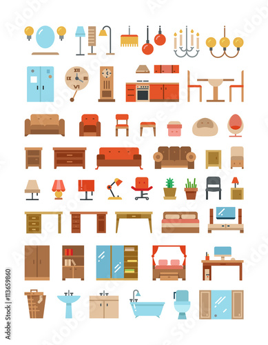 Home and office furniture interiors flat icons set. Furniture for home and office, furniture table sofa and armchair. Vector illustration