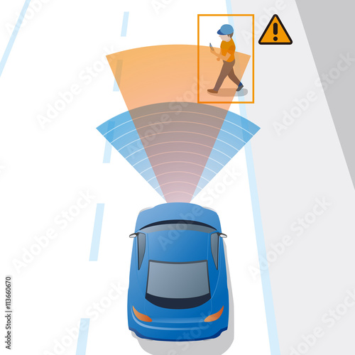 Advanced Driving Assistant System(ADAS), automobile sensing technology,  top view, vector illustration