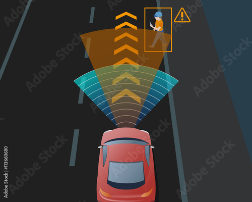 Advanced Driving Assistant System(ADAS), automobile sensing technology,  top view, vector illustration