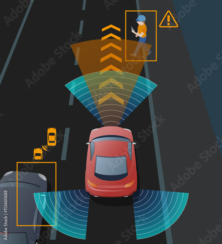 Advanced Driving Assistant System (ADAS), Blind Spot Monitoring, automobile sensing technology,  top view, vector illustration