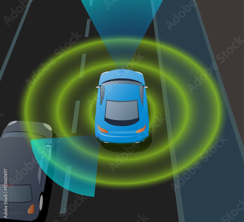 Advanced Driving Assistant System (ADAS), Blind Spot Monitoring, automobile sensing technology, overlook view, vector illustration