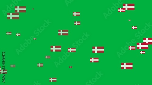 Isolated moving Denmark heart flag particles on green background. Flags of  Denmark. Denmark national flags.