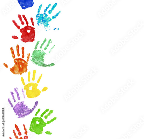 Collection of colorful hand prints, isolated on white background