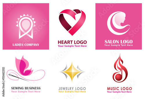 Unique logo collections for women, ladies, sewing, jewelry and heart logo isolated in white background. Vector illustration.

