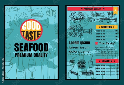 Brochure or poster Restaurant  seafood menu with Chalkboard Back