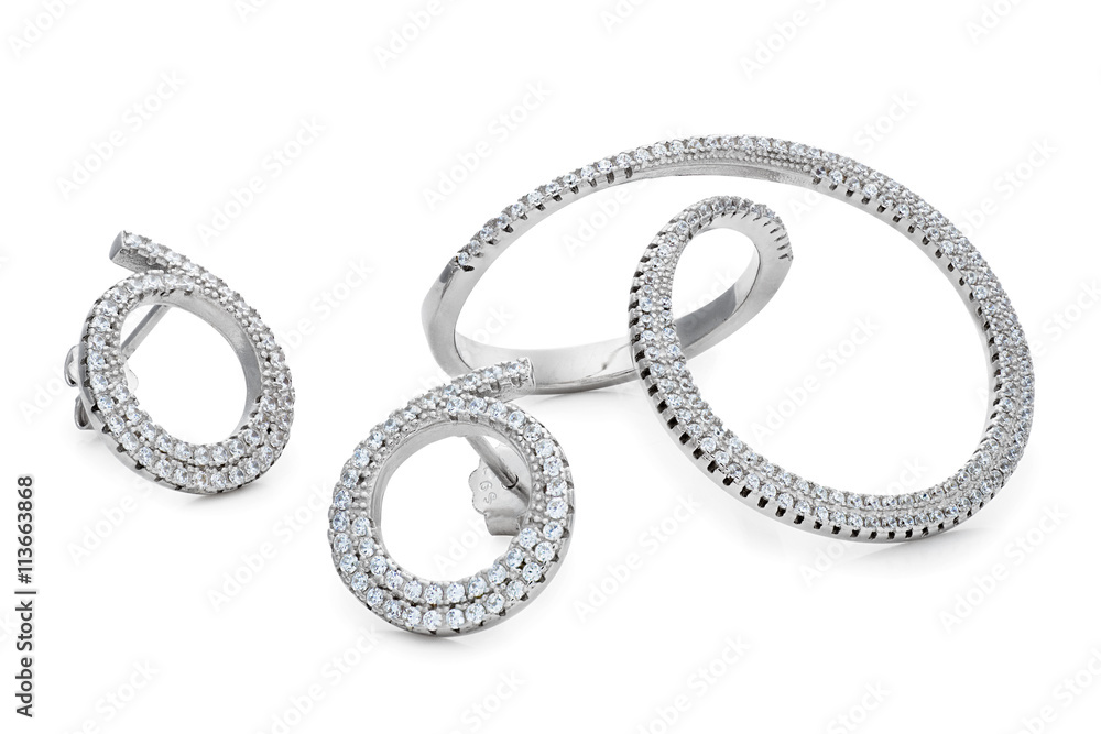 Unusual shape silver ring and pair stud earrings with diamonds