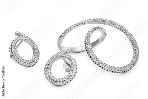 Unusual shape silver ring and pair stud earrings with diamonds
