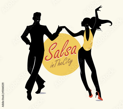 Salsa in the City Tropical: Handsome man and beautiful girl dancing latin music