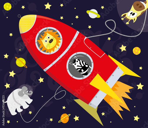 wild cartoon animals and red rocket / space illustration with planets, stars and funny animals