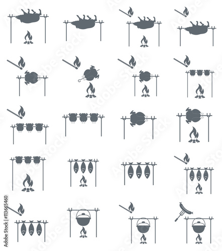 Set of coocing on campfire icons. Vector illustration