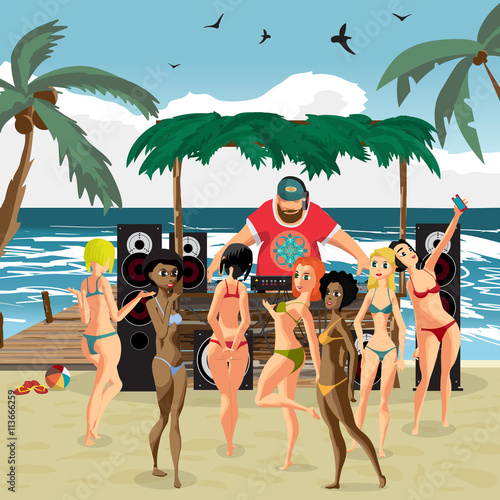 Vector summer party invitation beach style. Day beach, dj with s