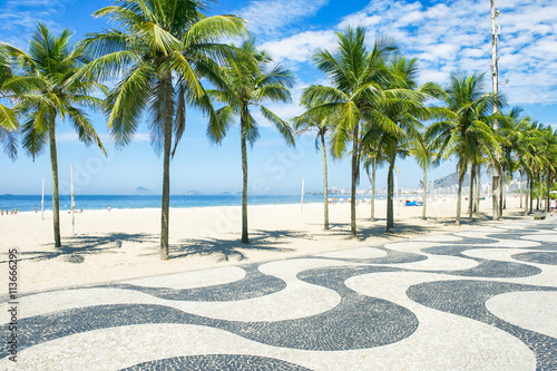Iconic curving sidewalk tile pattern with palm trees at Copacabana Beach, Rio de Janeiro, Brazil 