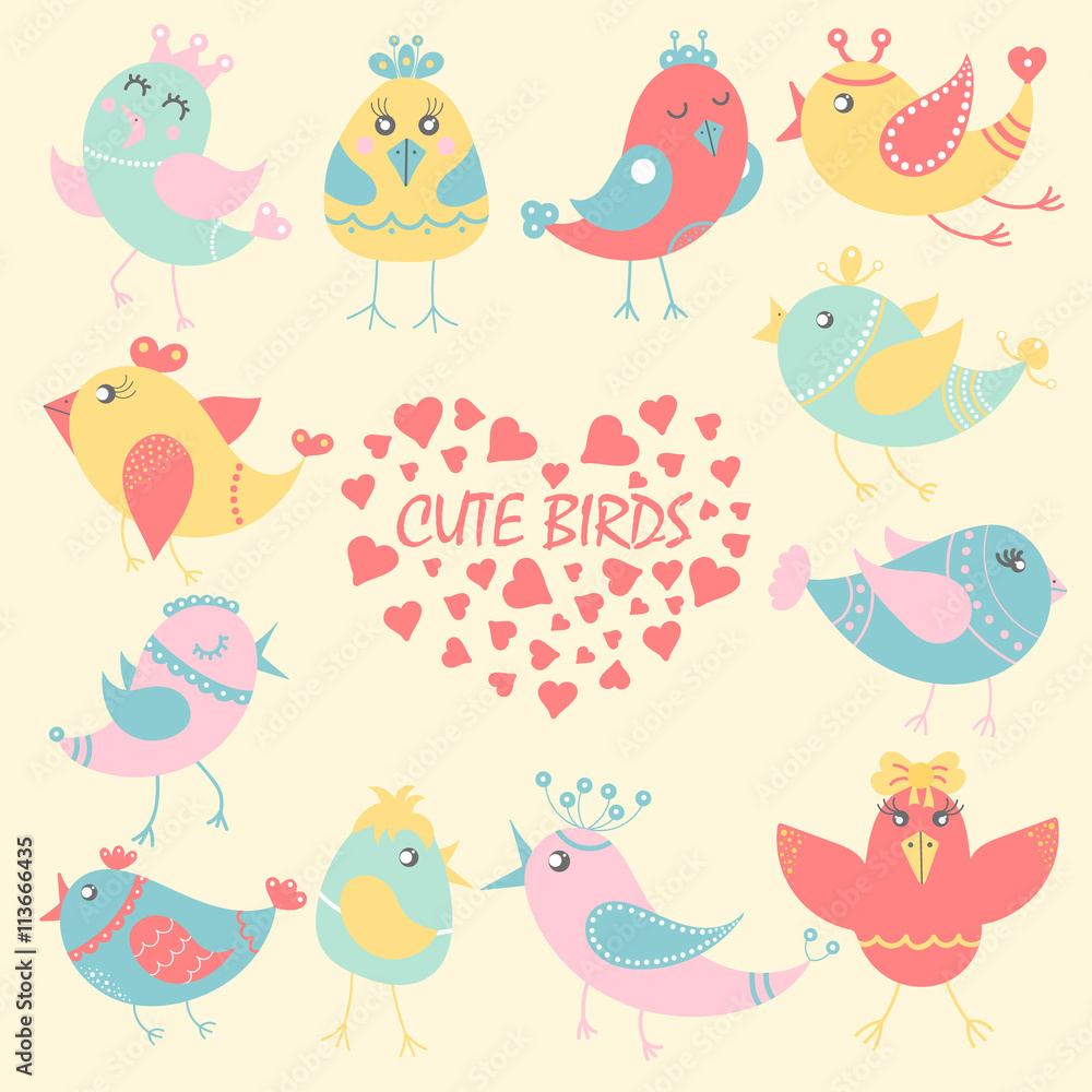 Set of cute birds, cartoon style Set of cute birds, cartoon style