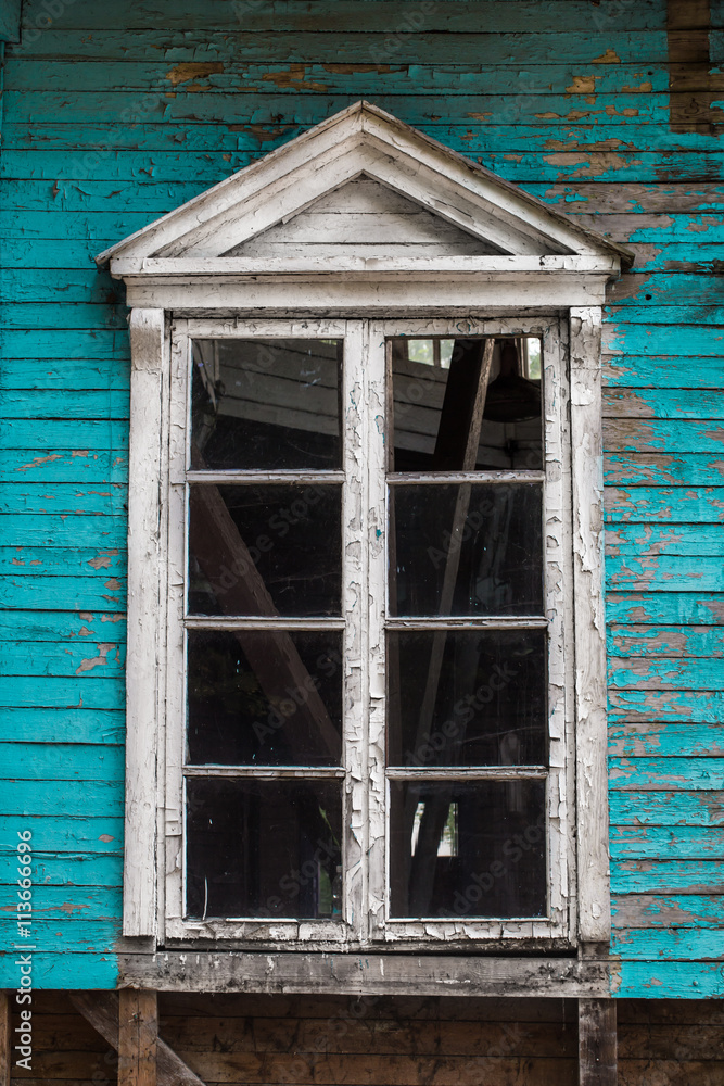 old window, blue color,  paint