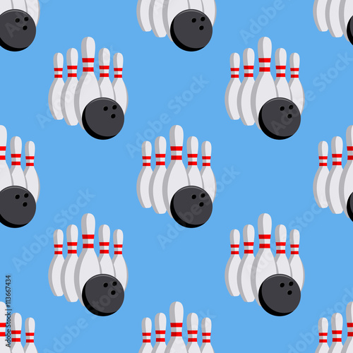 Icono plano patrón con bola y bolos sobre fondo azul