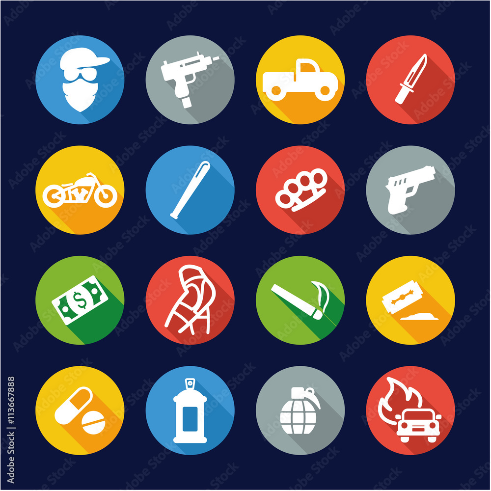 Modern Gangster Icons Flat Design Circle Modern Gangster Icons Flat Design Circle