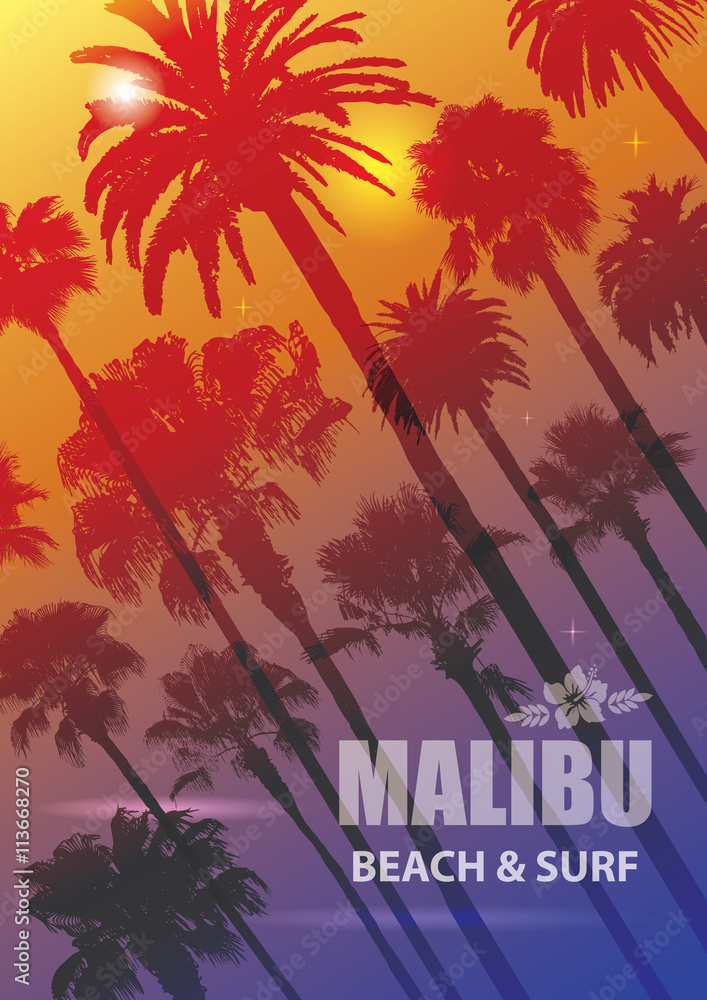 Naklejka premium Exotic Travel Background with Palm Trees for Malibu, California.