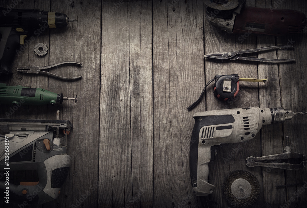 Fototapeta premium Electric hand tools (screwdriver Drill Saw jigsaw jointer) top v