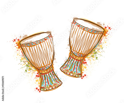 Drums tam tam with splashes in watercolor style. Colorful hand drawn vector illustration