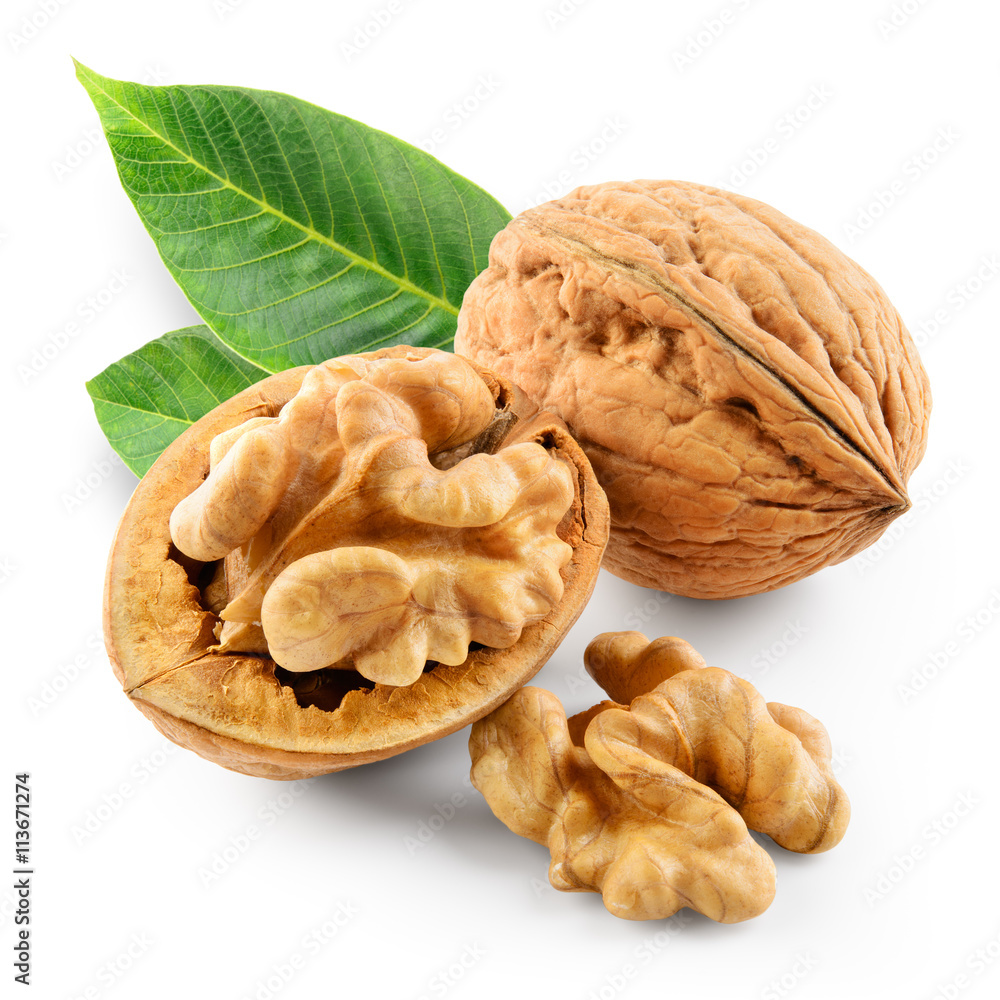 Walnuts with leaves in closeup. With clipping path. Walnuts with leaves in closeup. With clipping path.