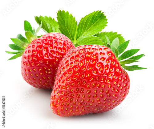 Strawberry. Two berries with leaves isolated on white background