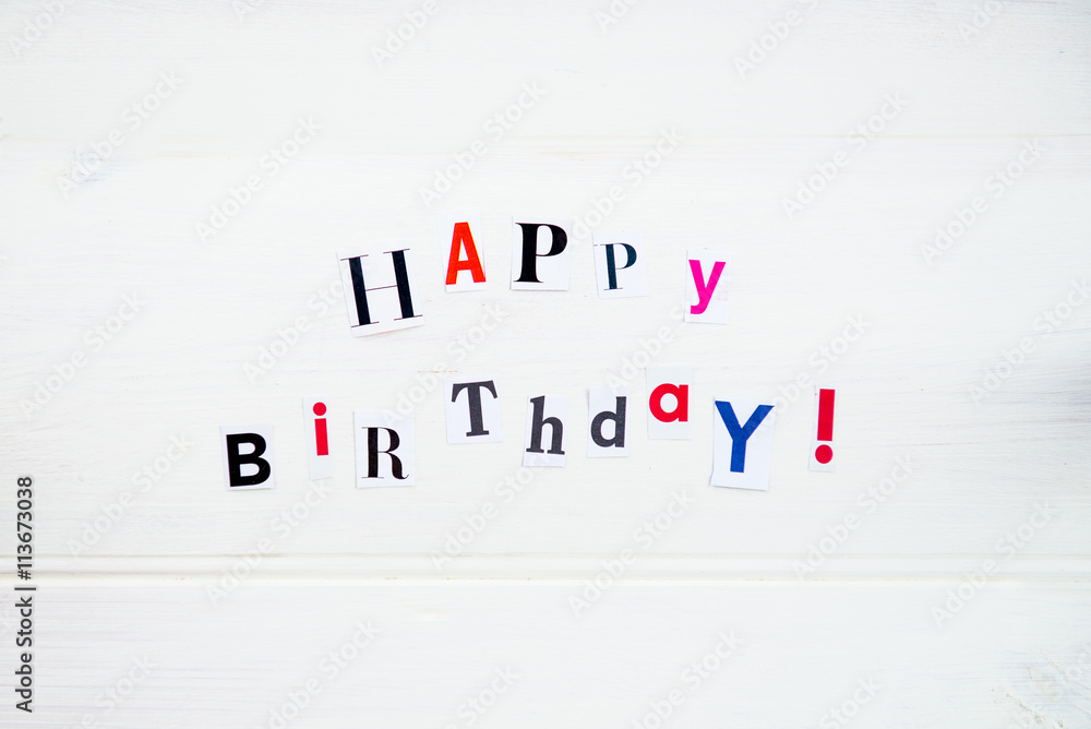 Happy Birthday Letters Cut out from Magazines and White Peonies Happy Birthday Letters Cut out from Magazines and White Peonies