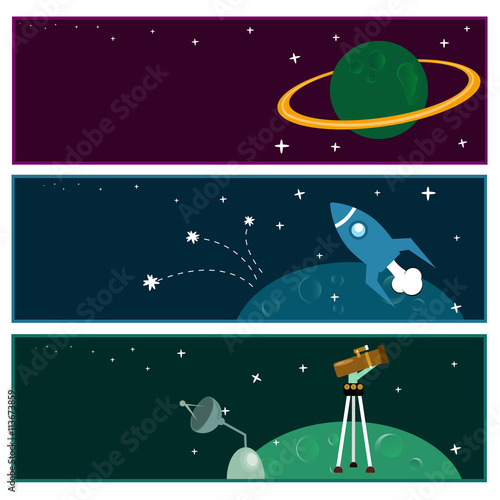 Scientific banners with flat astronomic symbols.