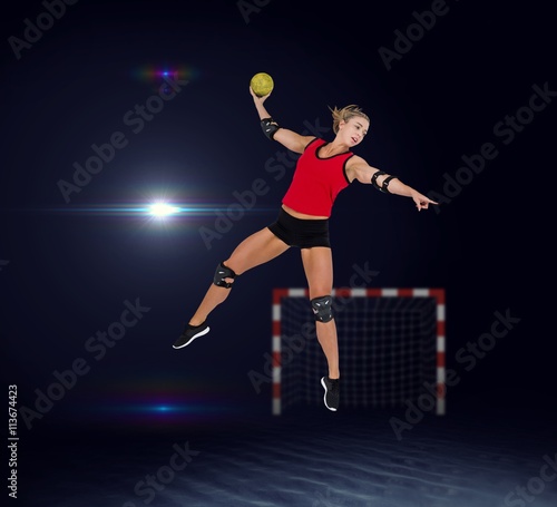 Composite image of female athlete with elbow pad throwing handball