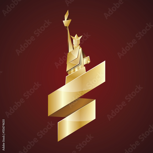 Abstract origami Statue of Liberty illustration. Vector gold polygonal statue in New York. Metal origami Independence day background with ribbon. Fourth of July template for greeting card.