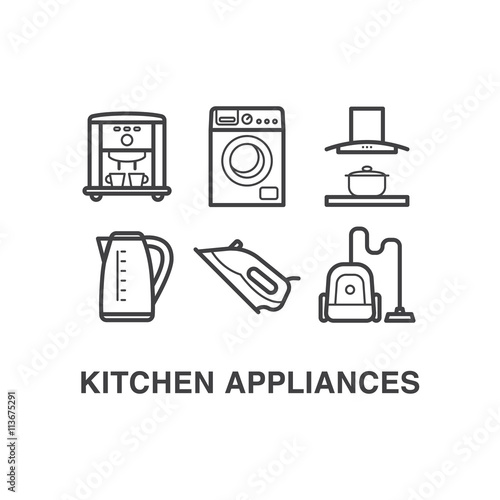 Kitchen appliances icons set with coffee machine, washer, electric hood, kettle, iron and vacuum cleaner icons.