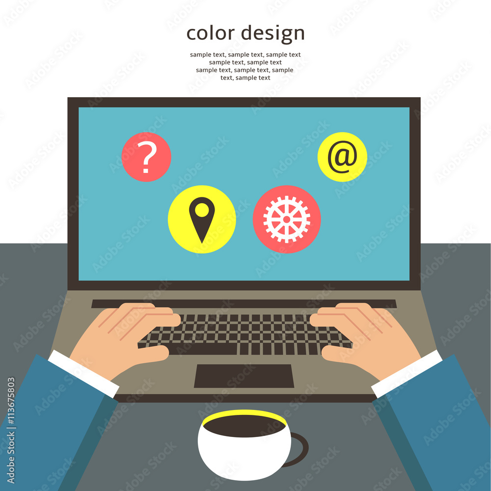 Flat style work space, table with laptop Flat style work space, table with laptop