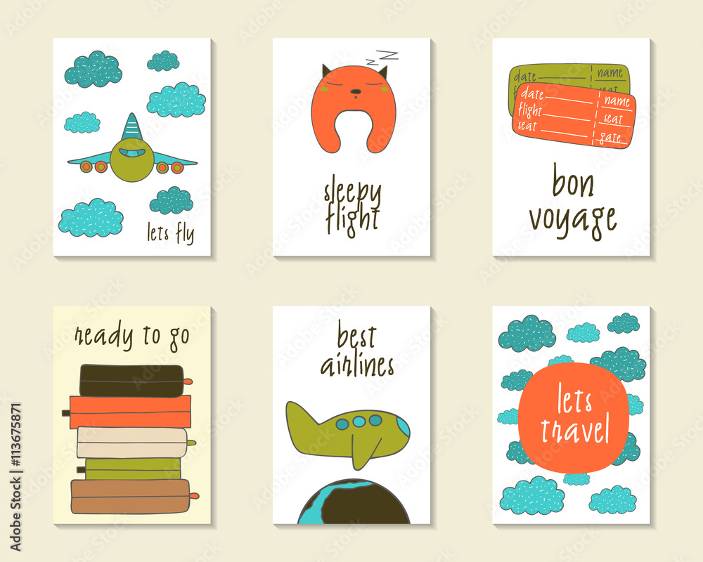Fototapeta premium Cute doodle travel, flight cards