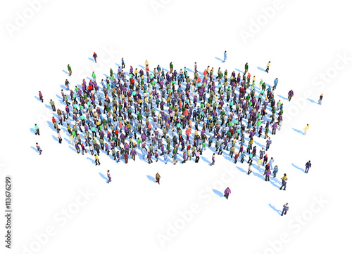 Large group of people forming a speech bubble symbol