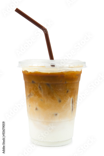 iced coffee with straw in plastic cup isolated