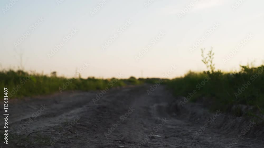 walking backwards between rural field on dirt road walking backwards between rural field on dirt road