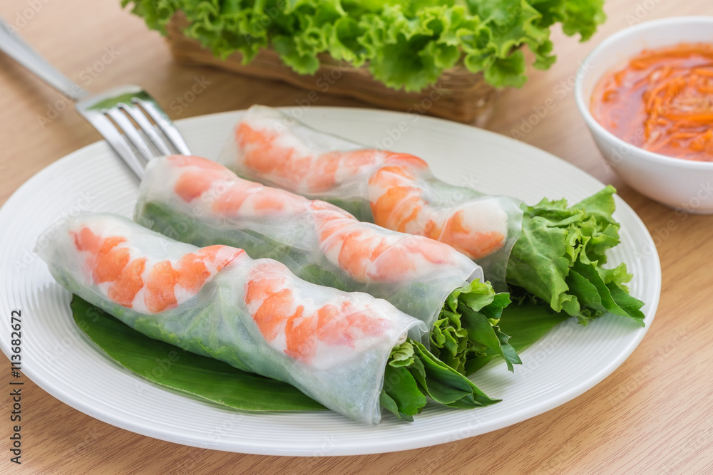 Fresh spring roll with shrimp and dipping sauce, Vietnamese food Fresh spring roll with shrimp and dipping sauce, Vietnamese food