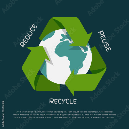 Vector flat Recycling arrows symbol with Earth globe inside isolated on dark background. Recycle icon, environment concept