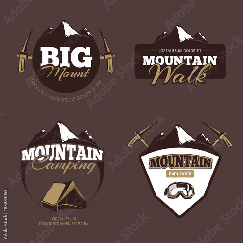Outdoor mountain camping, alpinism vector emblems, labels, badges, logos set