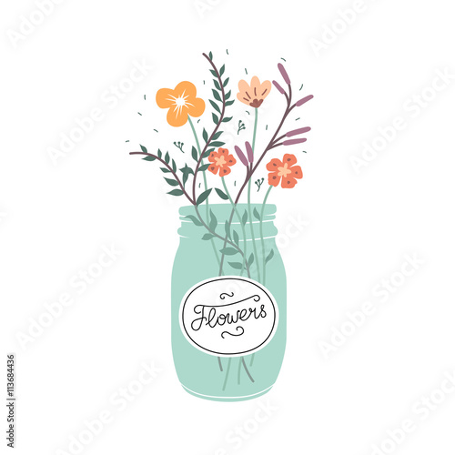 Cute bouquet of flowers in a glass jar. Vector illustration isolated on white background.