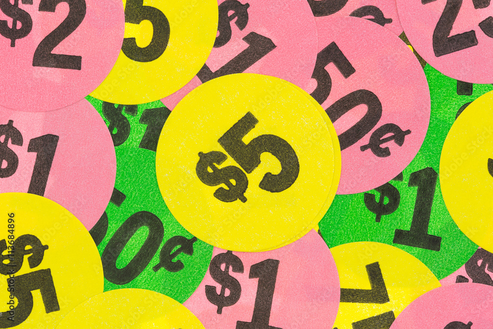 Garage sale stickers with yellow five dollar in center Garage sale stickers with yellow five dollar in center