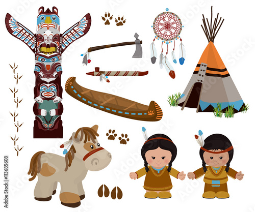 Indian symbols set, cartoon characters of American Indians