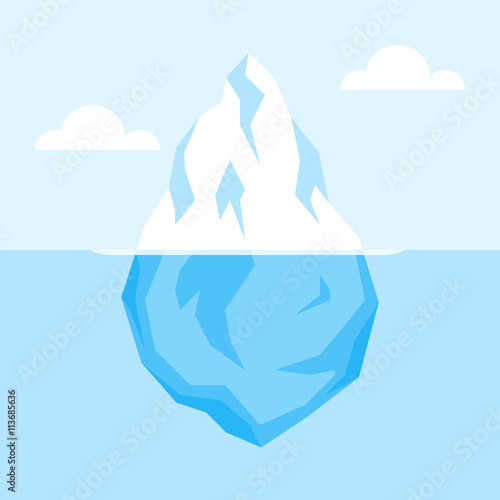 Iceberg on water. Antarctic landscape, ocean, snow and ice. Vector flat illustration.