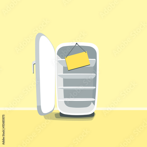 Opened empty broken fridge vector illustration in cartoon style. Broken fridge standing in front of yellow wall. Sign board hanging on a broken old fridge.