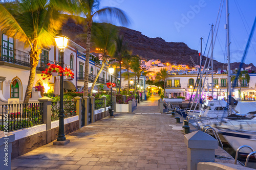 Architecture of Puerto de Mogan at night, a small fishing port on Gran Canaria, Spain. photo