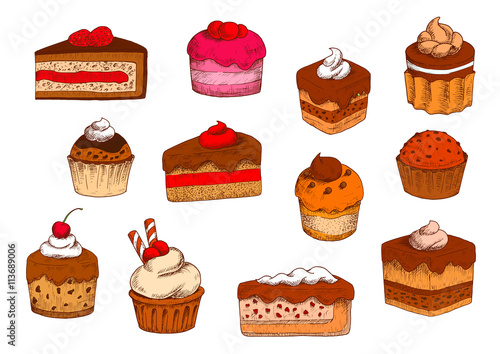 Chocolate, fruit pastries and desserts sketches
